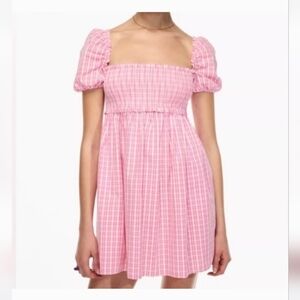 Aritzia Sundeh Hadley Puff Sleeve Babydoll Mini Dress Sz S Pink Plaid Smocked NW